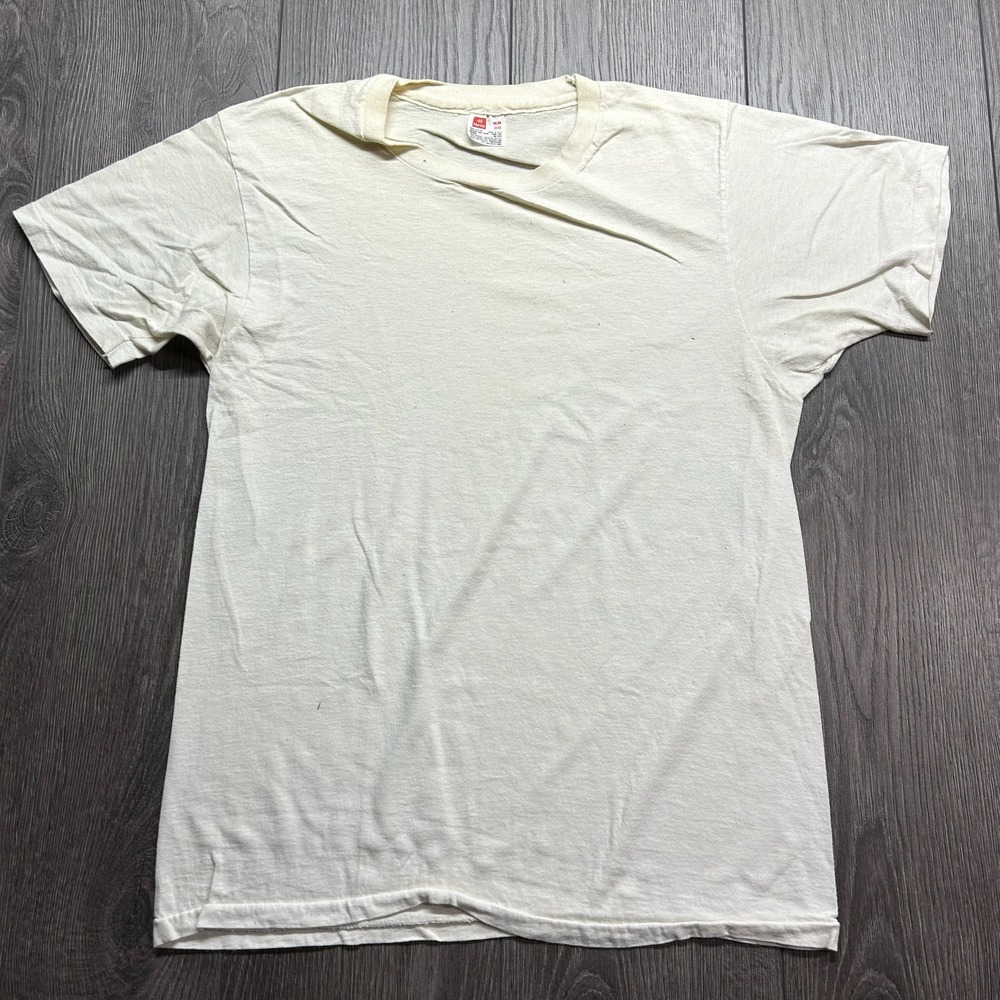 Vintage 80s Hanes Blank T-Shirt Mens Medium Cream Paper Thin Cotton Made in USA